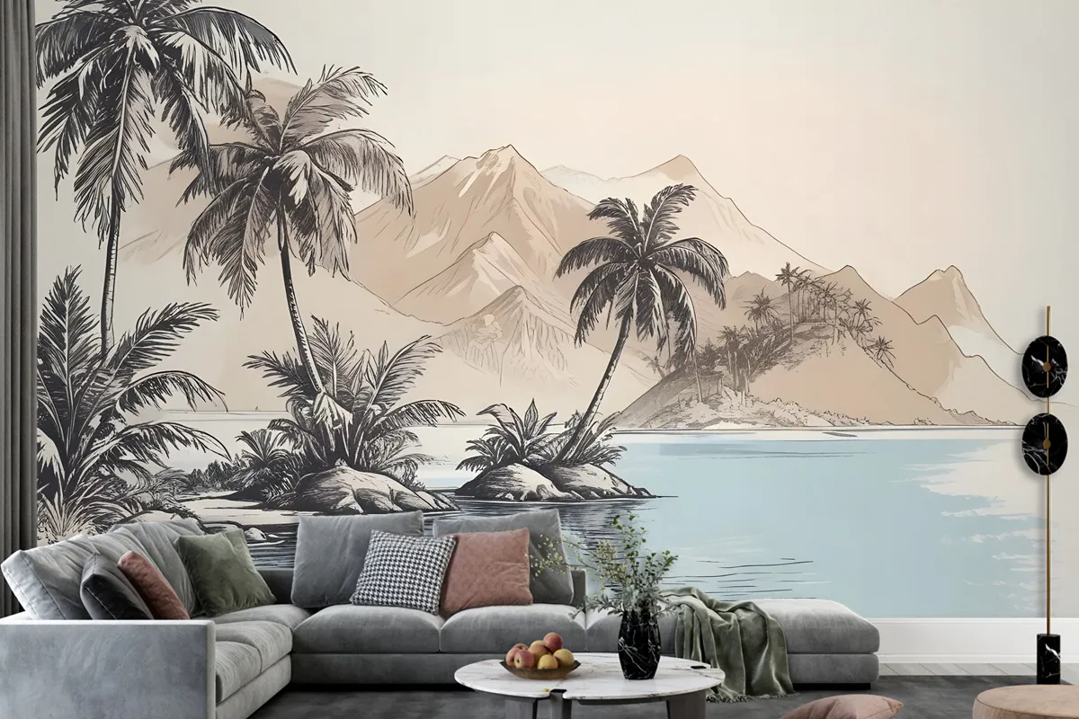 Vintage Charcoal Tropical Palm Tree And Summer Beach Wallpaper Mural