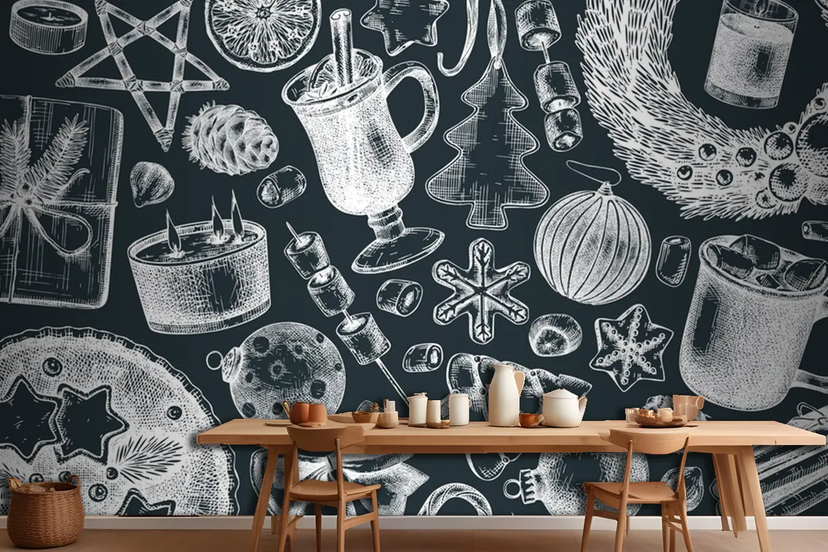 Vintage Christmas Banner Design On A Chalkboard Handsketched Holiday Wallpaper Mural