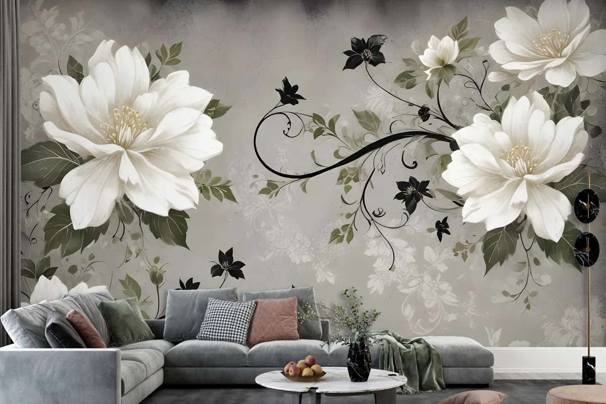 Vintage Cream Flowers Art Wallpaper Mural