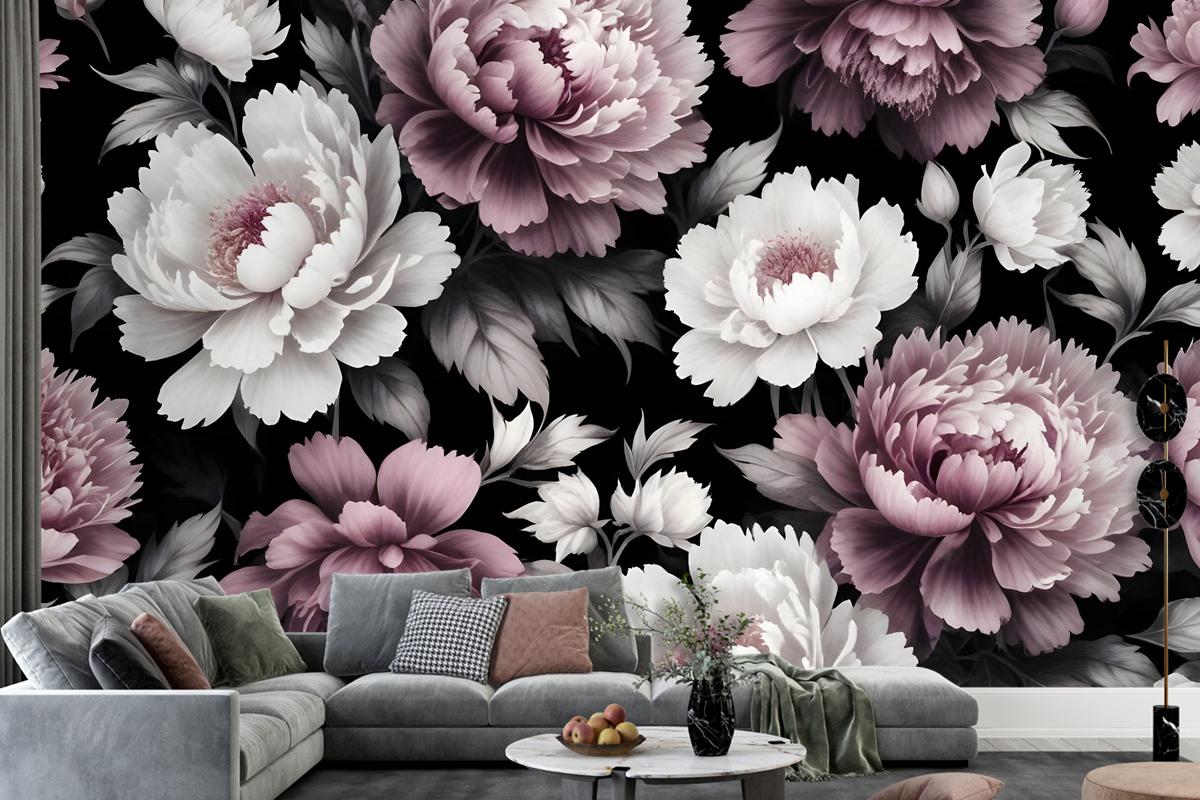 Vintage Dark Large Peony Flower Wallpaper Mural