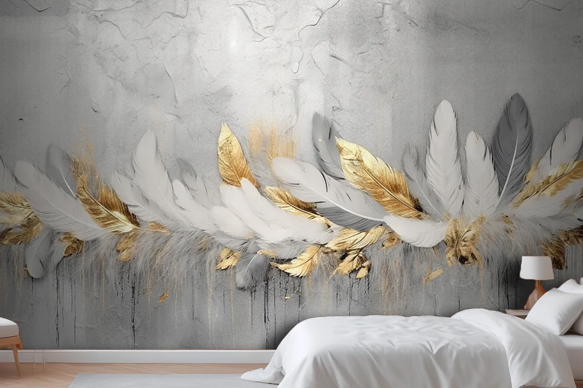 Vintage Feathers Blue Gold Brushstrokes Wallpaper Mural