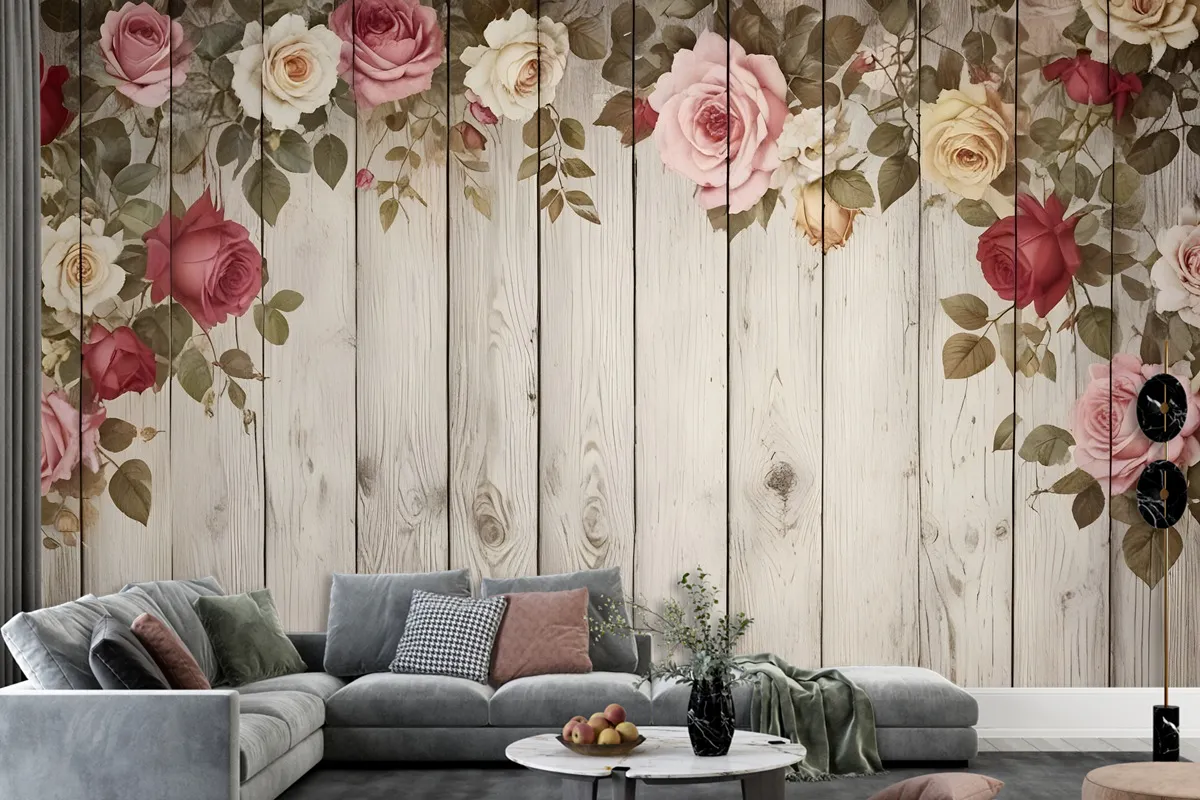 Vintage Floral With Wood Wall Wallpaper Mural