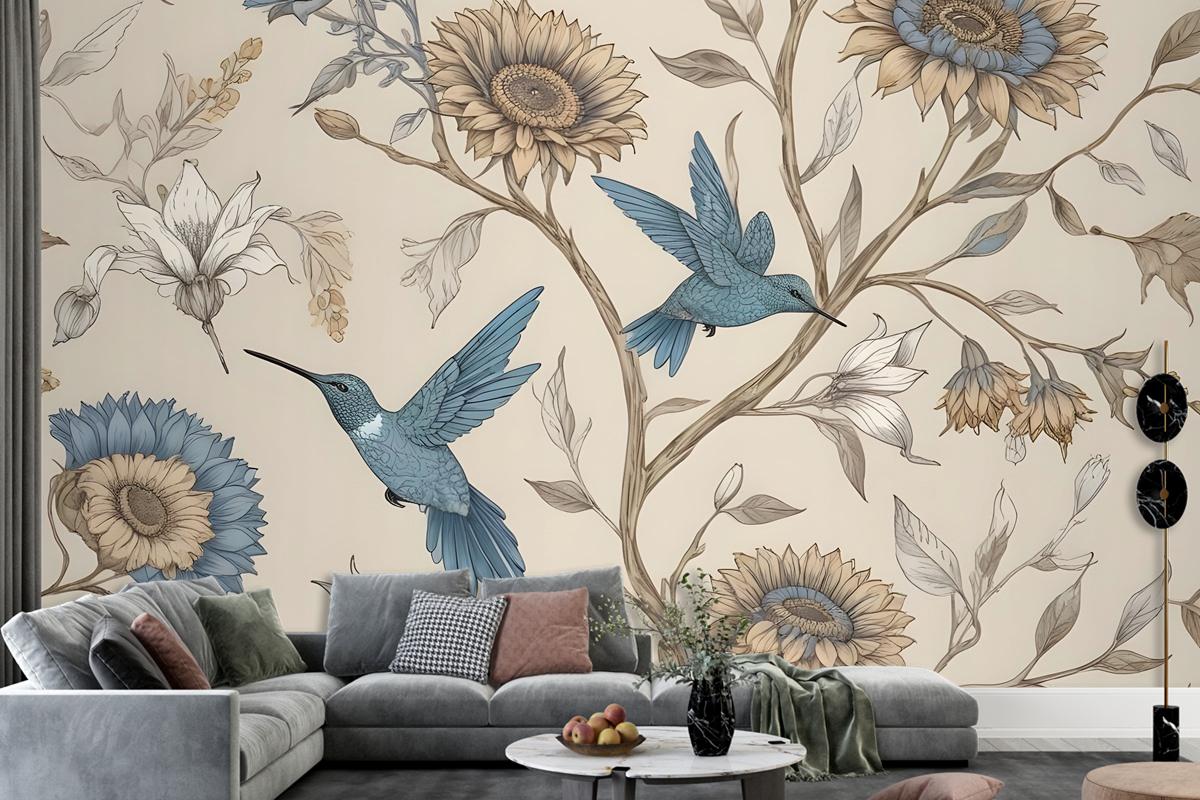 Vintage Flower With Hummingbird Wallpaper Mural