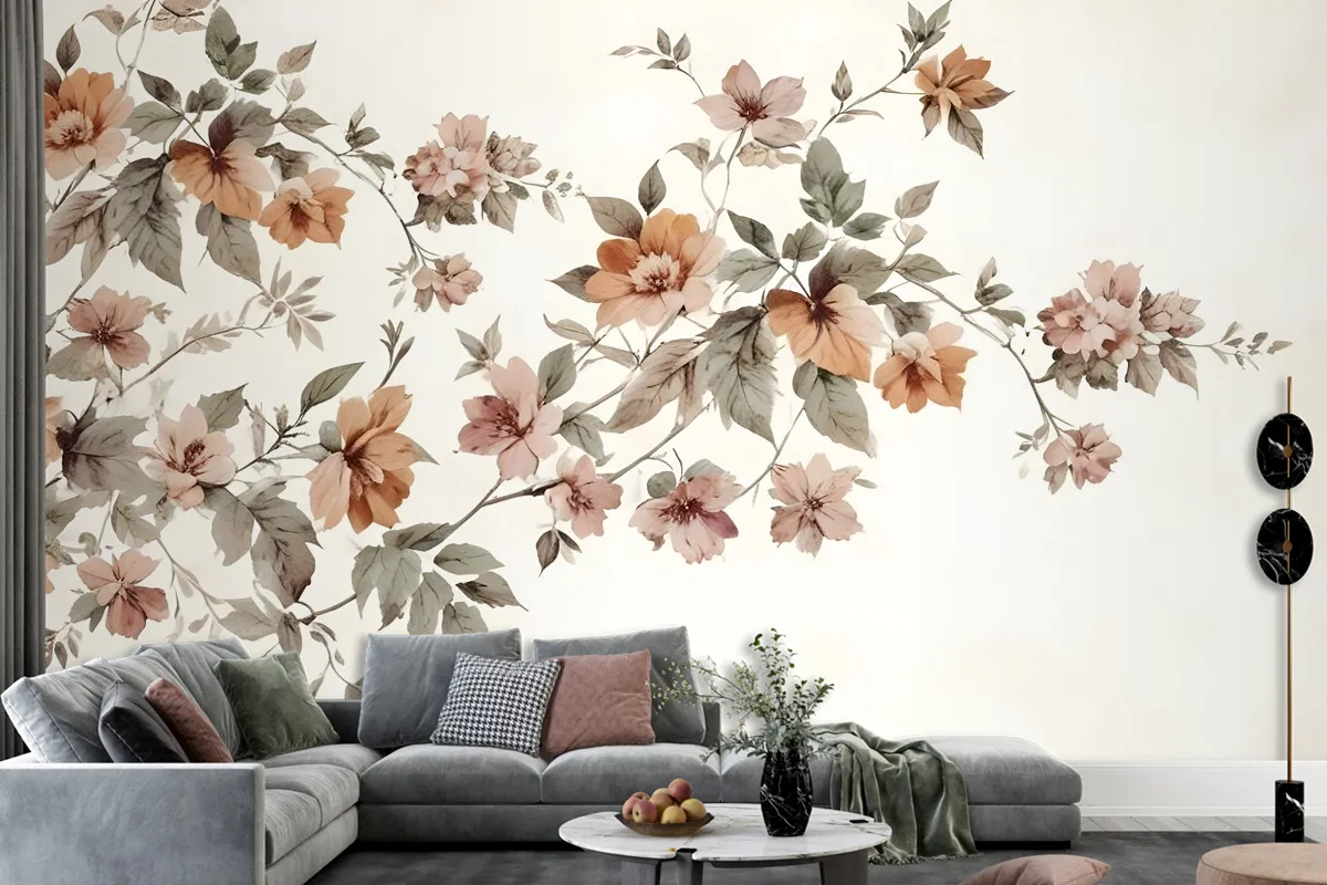 Vintage Orange Brown Flowers Wallpaper Mural