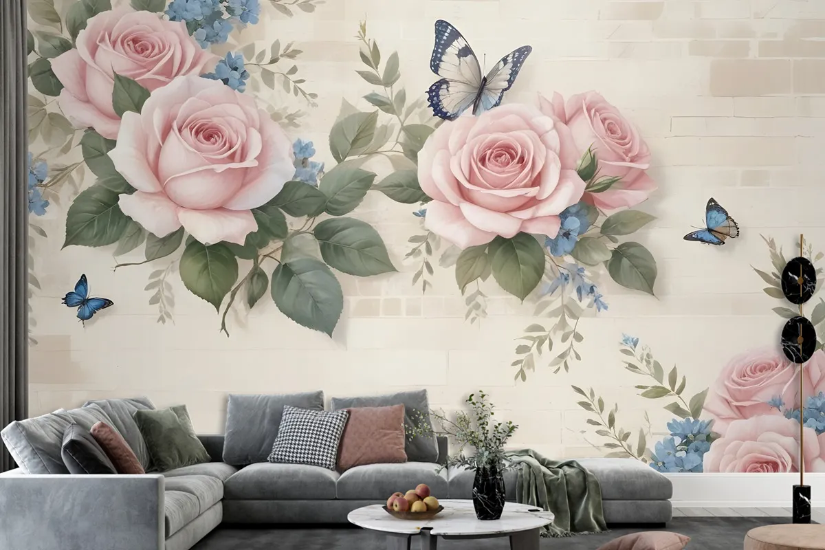 Vintage Pastel Pink Floral Wallpaper Mural