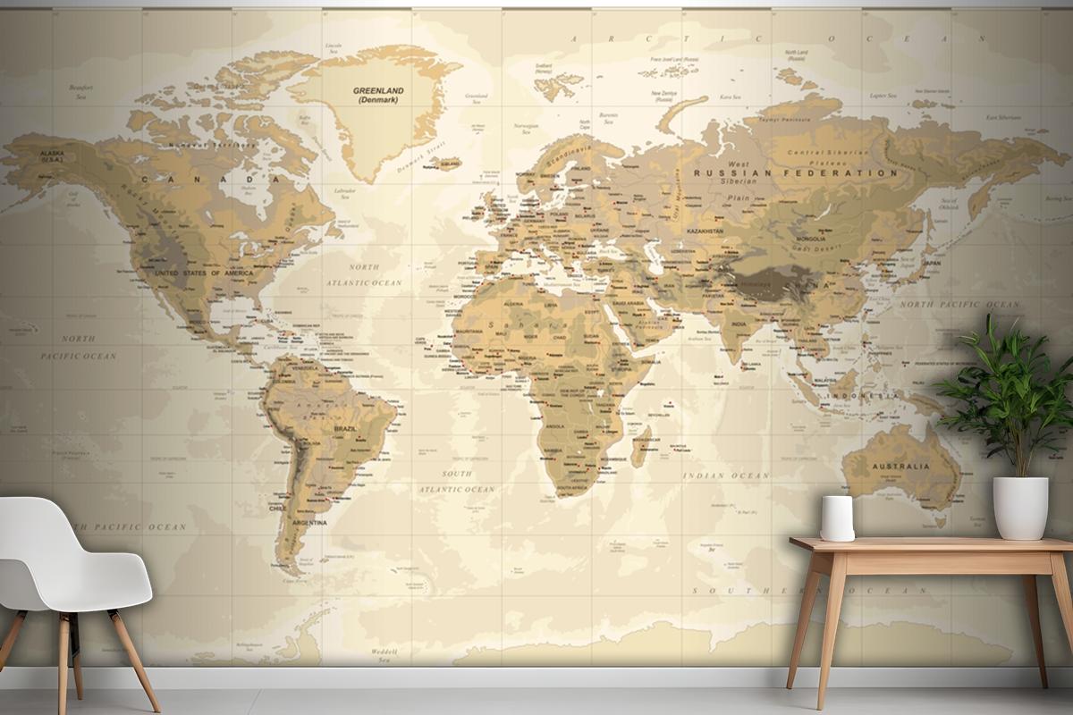 Vintage Physical World Map Wallpaper Mural