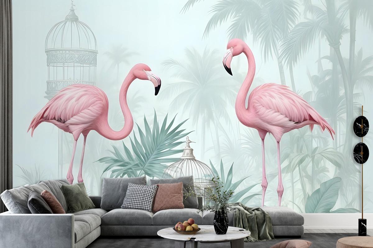 Vintage Pink Flamingo With Tropical Leaves Wallpaper Mural