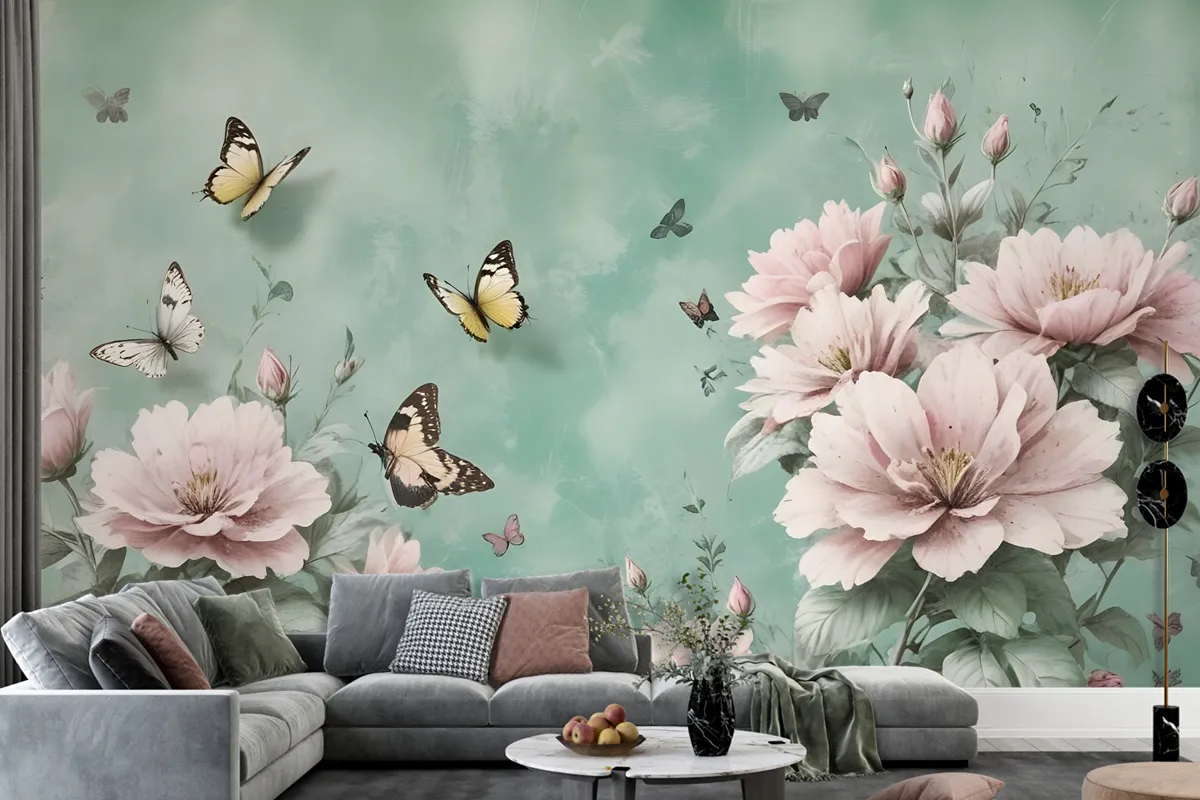 Vintage Pink Floral And Yellow Butterfly Wallpaper Mural