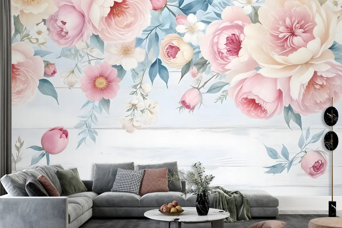 Vintage Watercolor Pink Flowers Wallpaper Mural