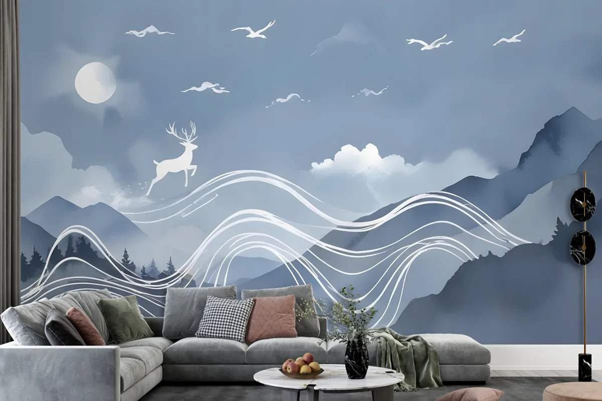 Watercolor Abstract Lines And Horned Deer Wallpaper Mural