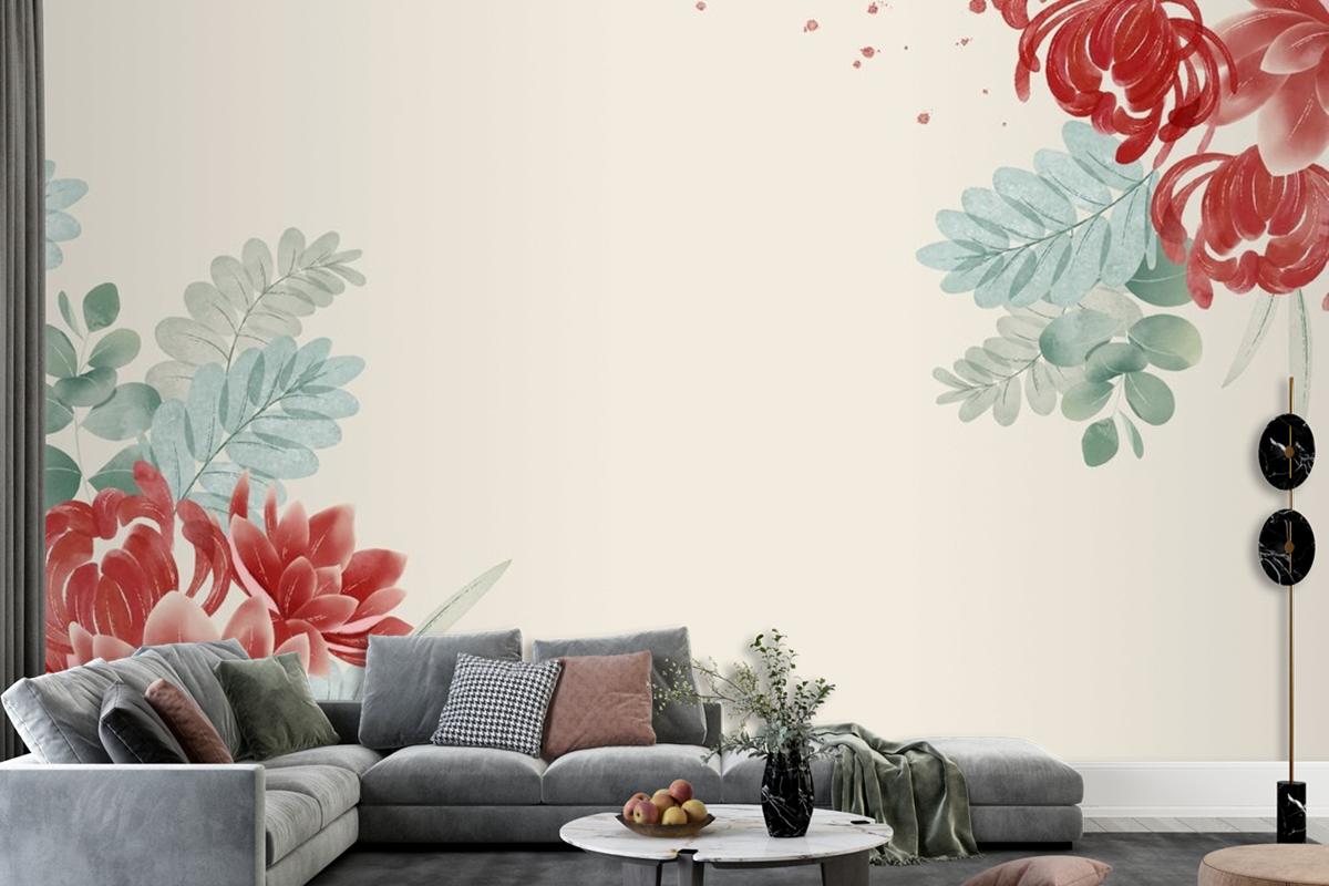 Watercolor Asian Flowers Wallpaper Mural