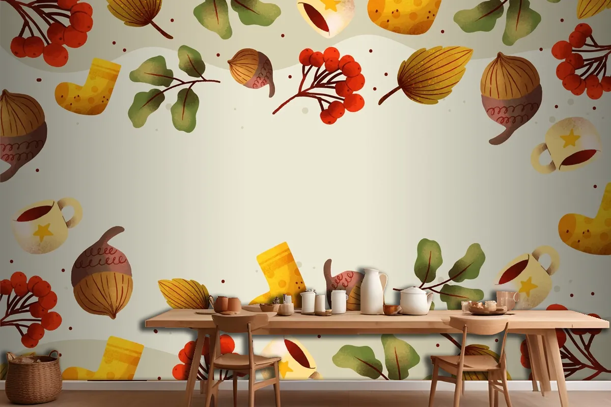 Watercolor Autumn Kitchen Wallpaper Mural