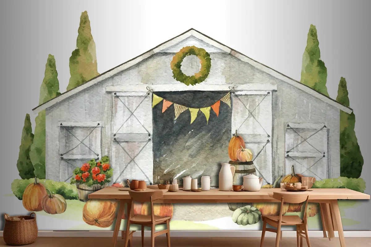 Watercolor Autumn Wooden Barn Pumpkin Harvest Wallpaper Mural