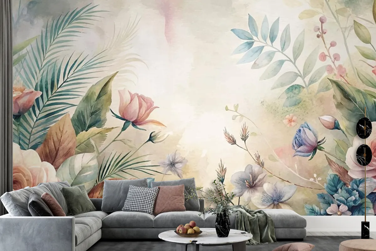 Watercolor Background Featuring Beautiful Flowers Wallpaper Mural