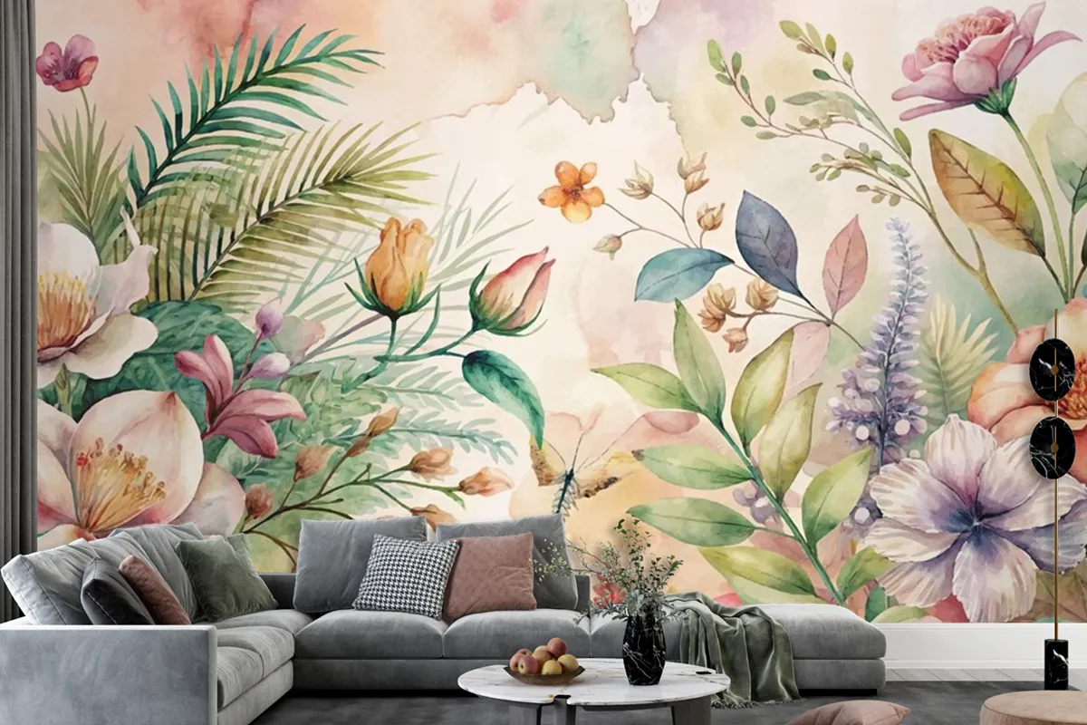 Watercolor Background Featuring Flowers And Lush Plants Wallpaper Mural