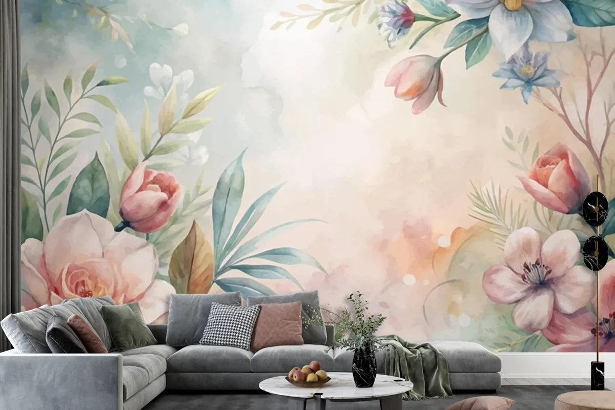 Watercolor Background Of Lush Flowers And Leaves Wallpaper Mural