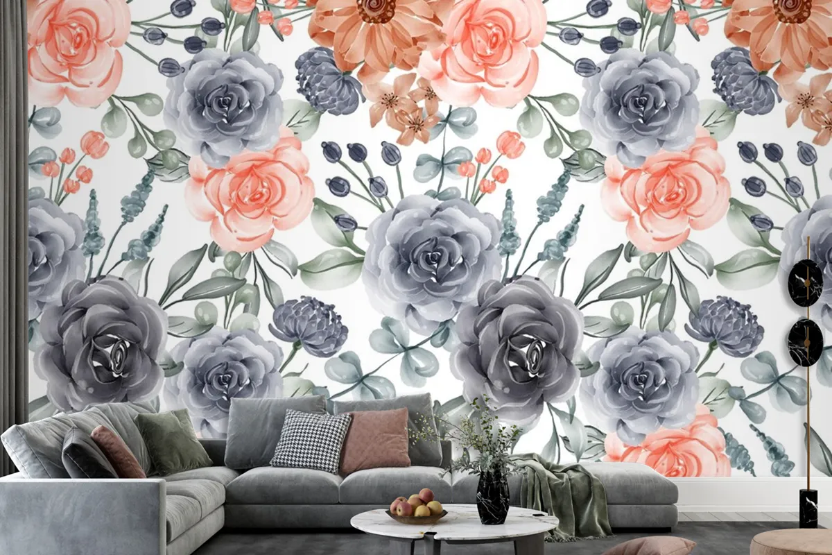 Watercolor Background Seamless Pattern Flower Navy And Peach Wallpaper Mural