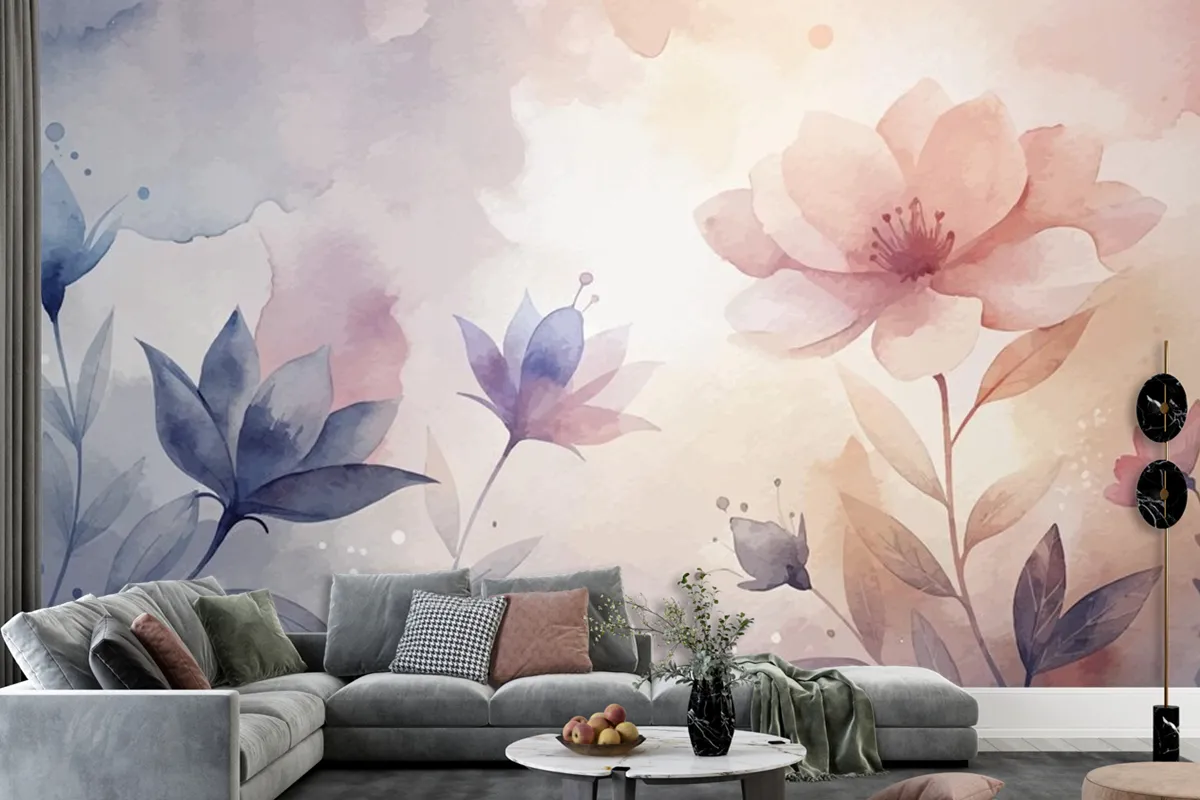 Watercolor Background With Minimalist Soft Silhouette Flowers Wallpaper Mural