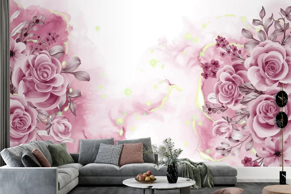 Watercolor Background With Rose Gold Flowers And Leaves Wallpaper Mural