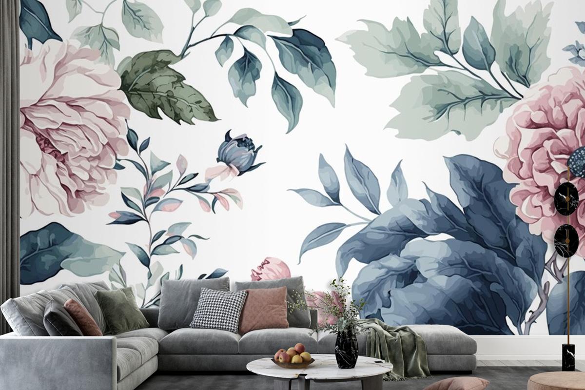 Watercolor Blue And Pink Floral Pattern Wallpaper Mural