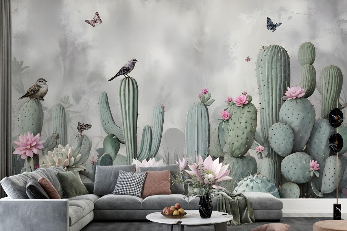 Watercolor Cactus With Flowers Wallpaper Mural