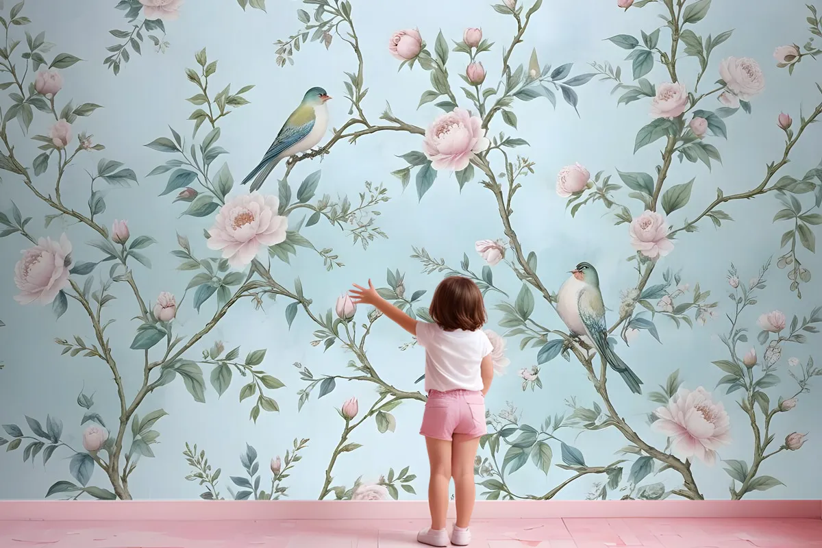 Watercolor Chinoiserie Floral Peony Blossom Wallpaper Mural