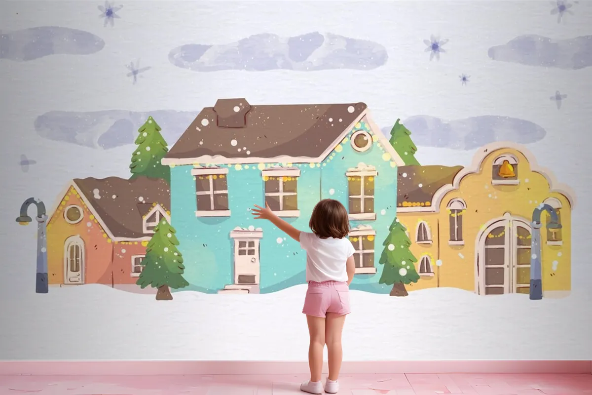 Watercolor Christmas Town Wallpaper Mural