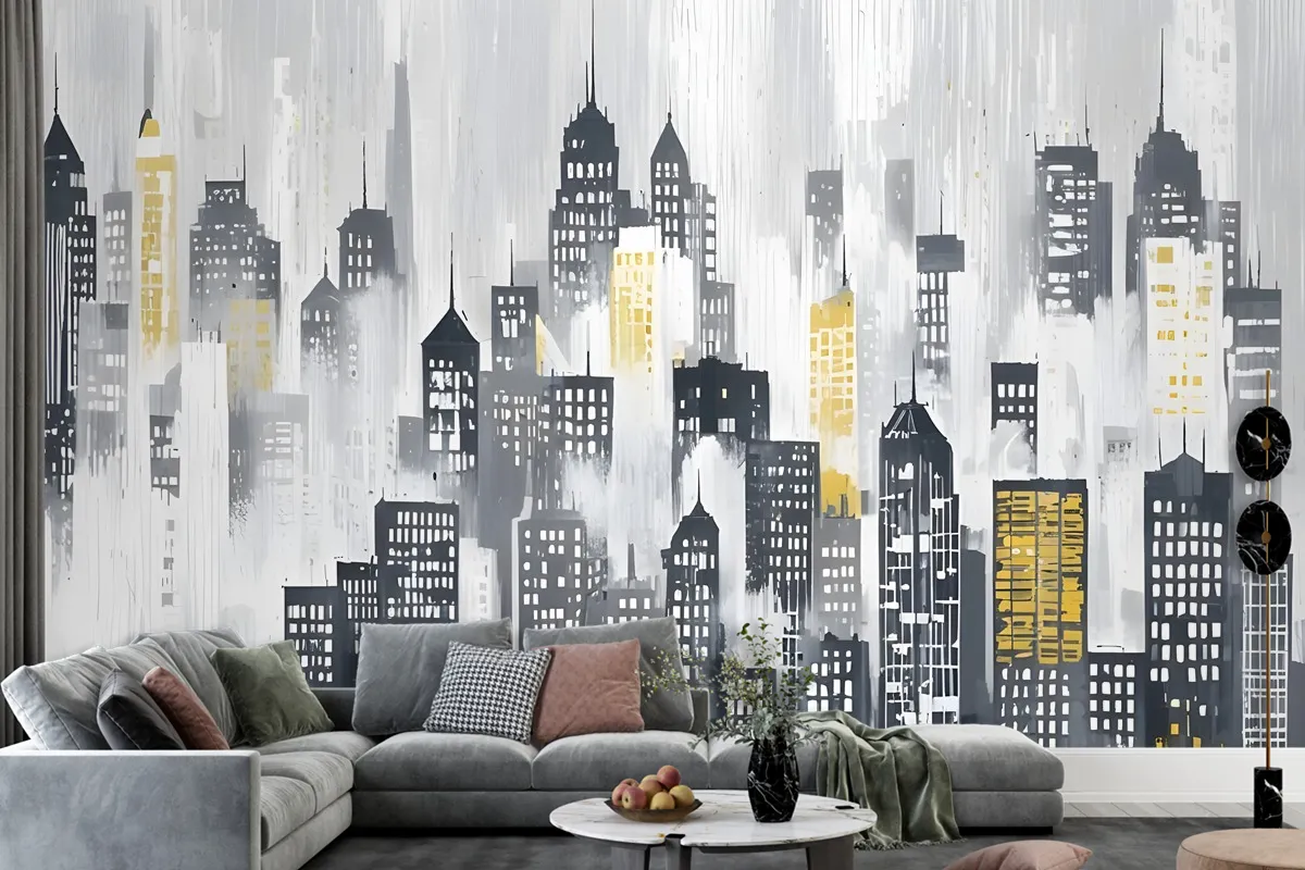 Watercolor City Silhouette Wallpaper Mural