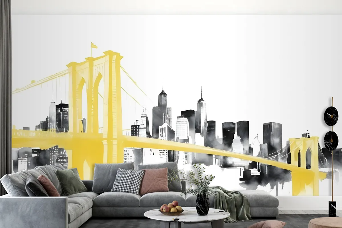 Watercolor City With Brooklyn Bridge Wallpaper Mural