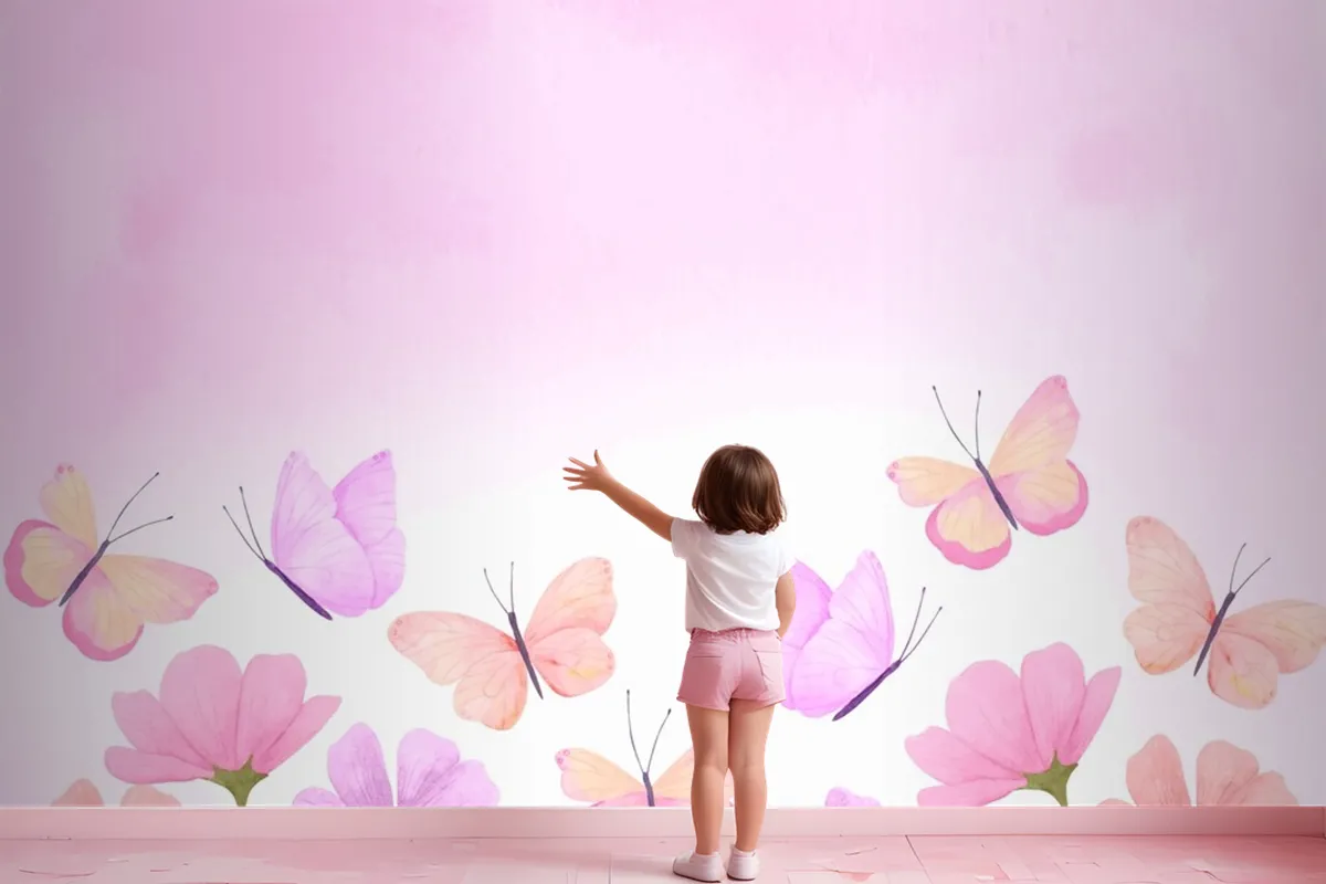 Watercolor Colorful Butterfly Background Kids Girl Wallpaper Mural