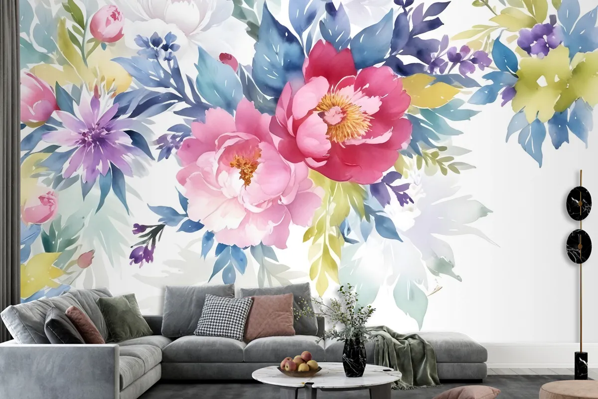 Watercolor Colorful Peony Flowers Wallpaper Mural