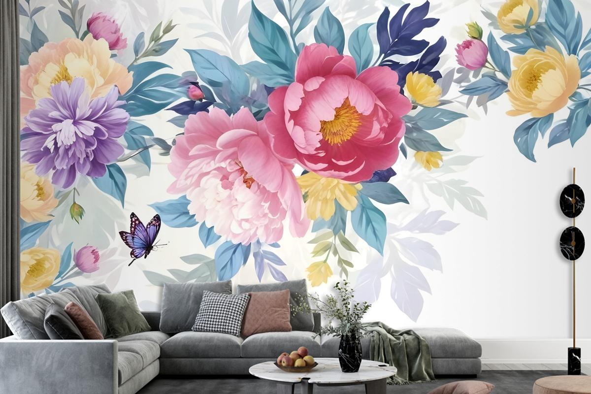 Watercolor Colorful Peony Flowers Wallpaper Mural