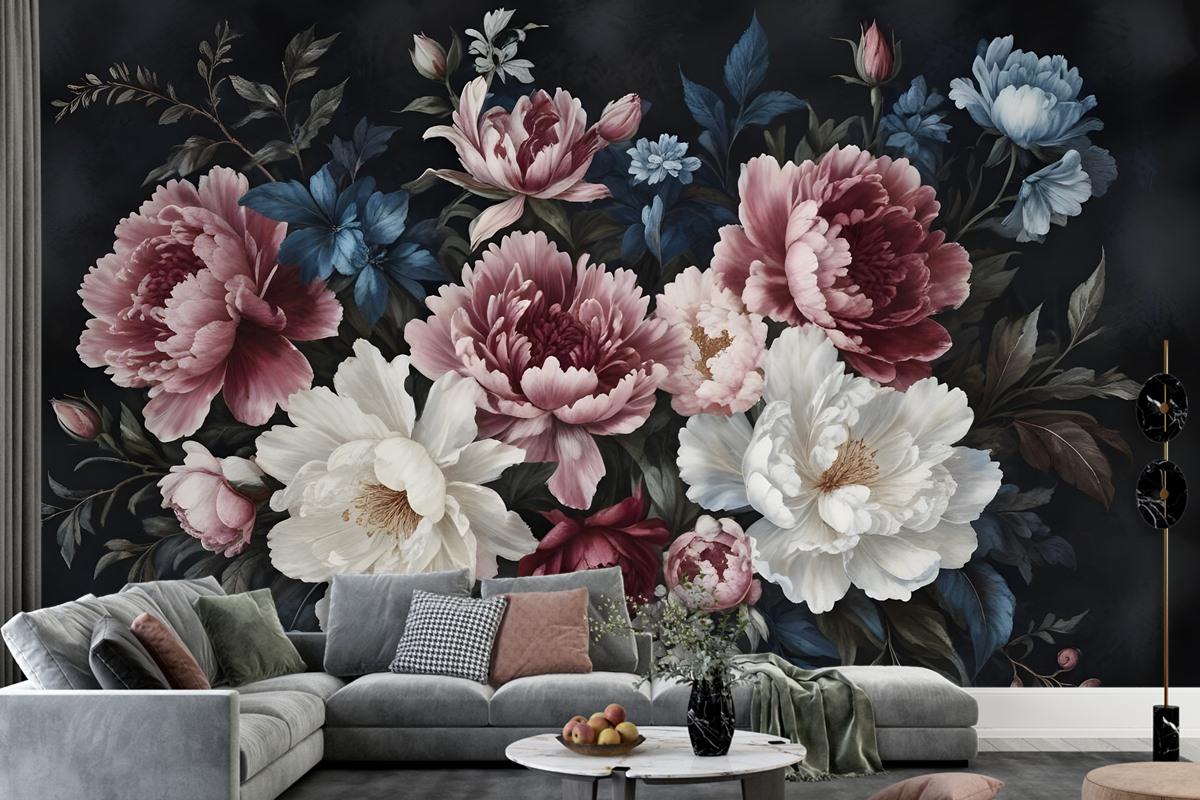 Watercolor Dark Peony Floral Wallpaper Mural