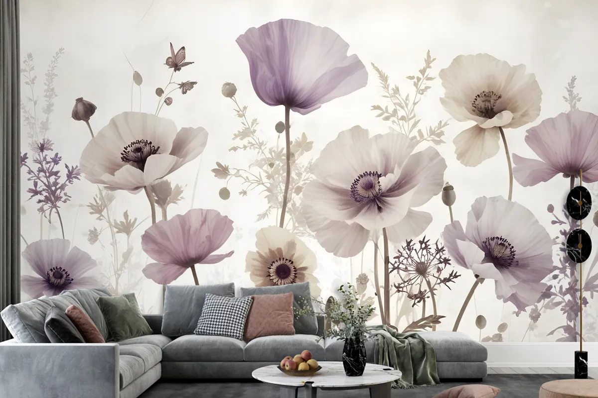 Watercolor Dark Poppy Flowers Wallpaper Mural