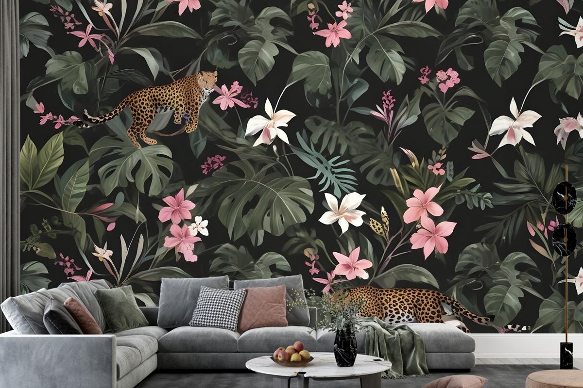 Watercolor Dark Tropical Art With Leopard Wallpaper Mural