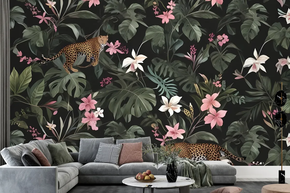 Watercolor Dark Tropical Art With Leopard Wallpaper Mural