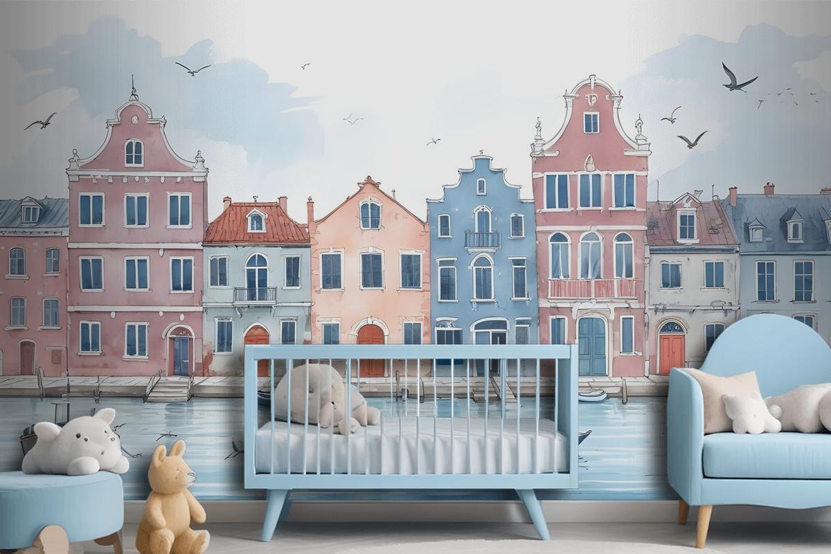 Watercolor Dutch Houses Wallpaper Mural For Kids