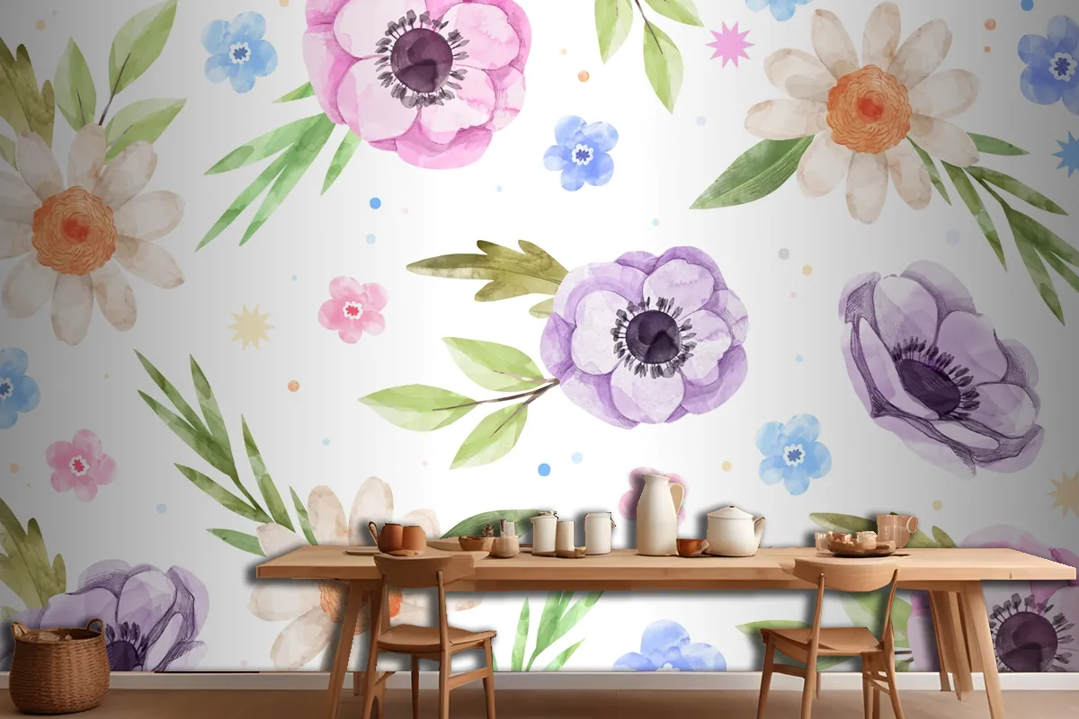 Watercolor Floral Kitchen Wallpaper Mural