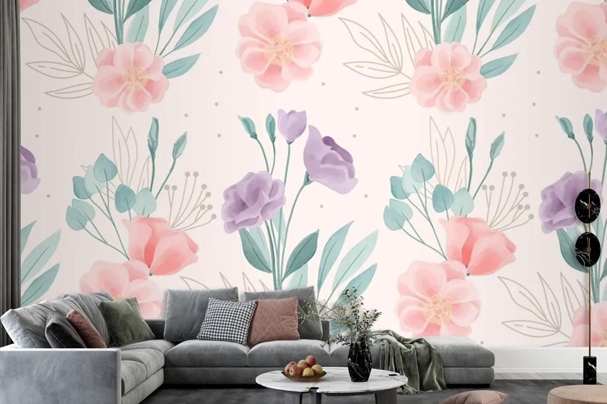 Watercolor Floral Motif Pattern Wallpaper Mural