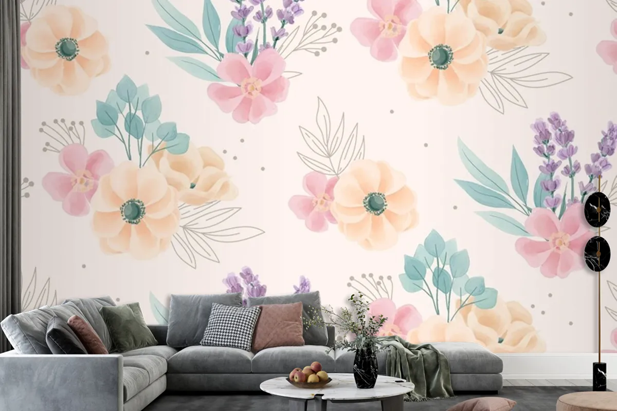 Watercolor Floral Ornaments Pattern Wallpaper Mural