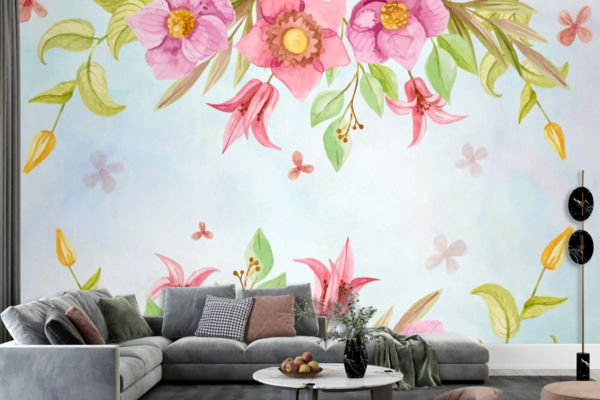 Watercolor Flowers Background In Pastel Colors Wallpaper Mural