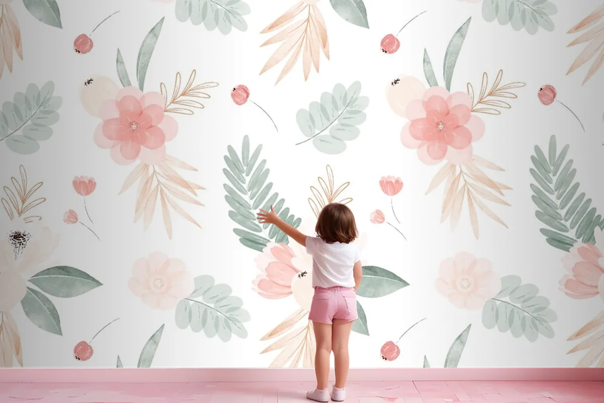 Watercolor Flowers Illustration Background Girl Wallpaper Mural