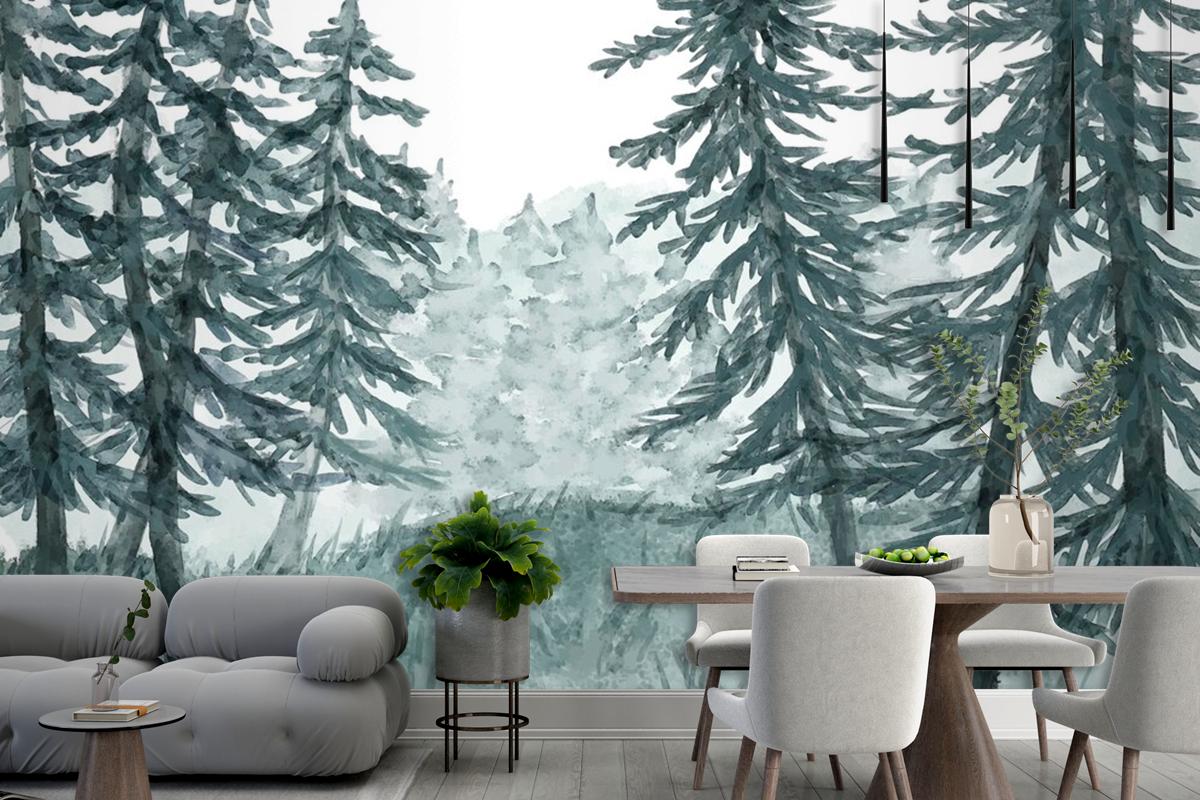 Watercolor Forest Landscape Dining Room Wallpaper Mural