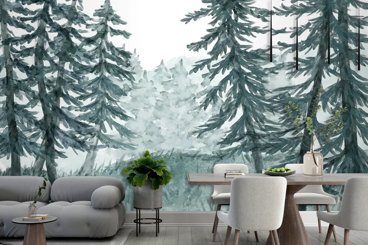 Watercolor Forest Landscape Dining Room Wallpaper Mural