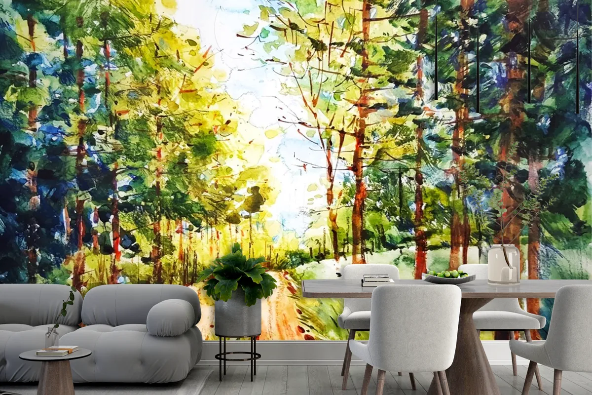 Watercolor Forest Landscape Wallpaper Mural