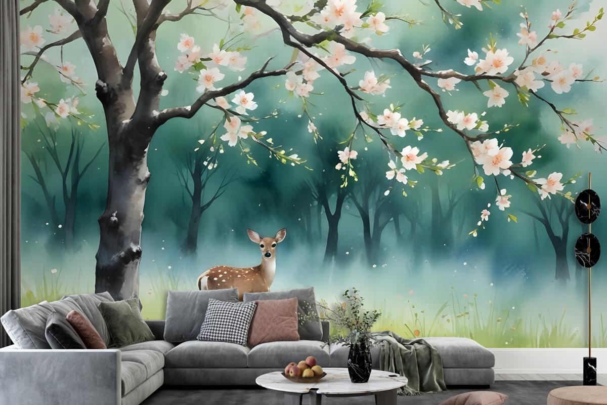 Watercolor Forest With Peach Blossom Wallpaper Mural