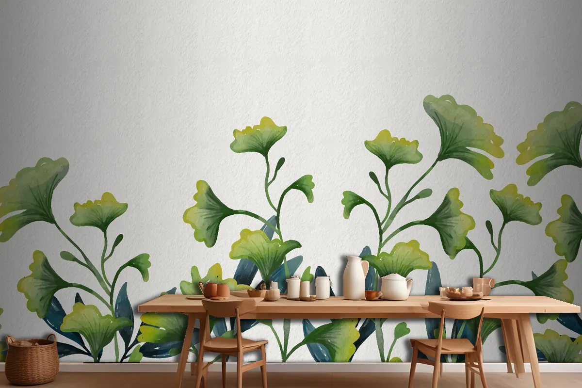 Watercolor Green Leaves Wallpaper Mural