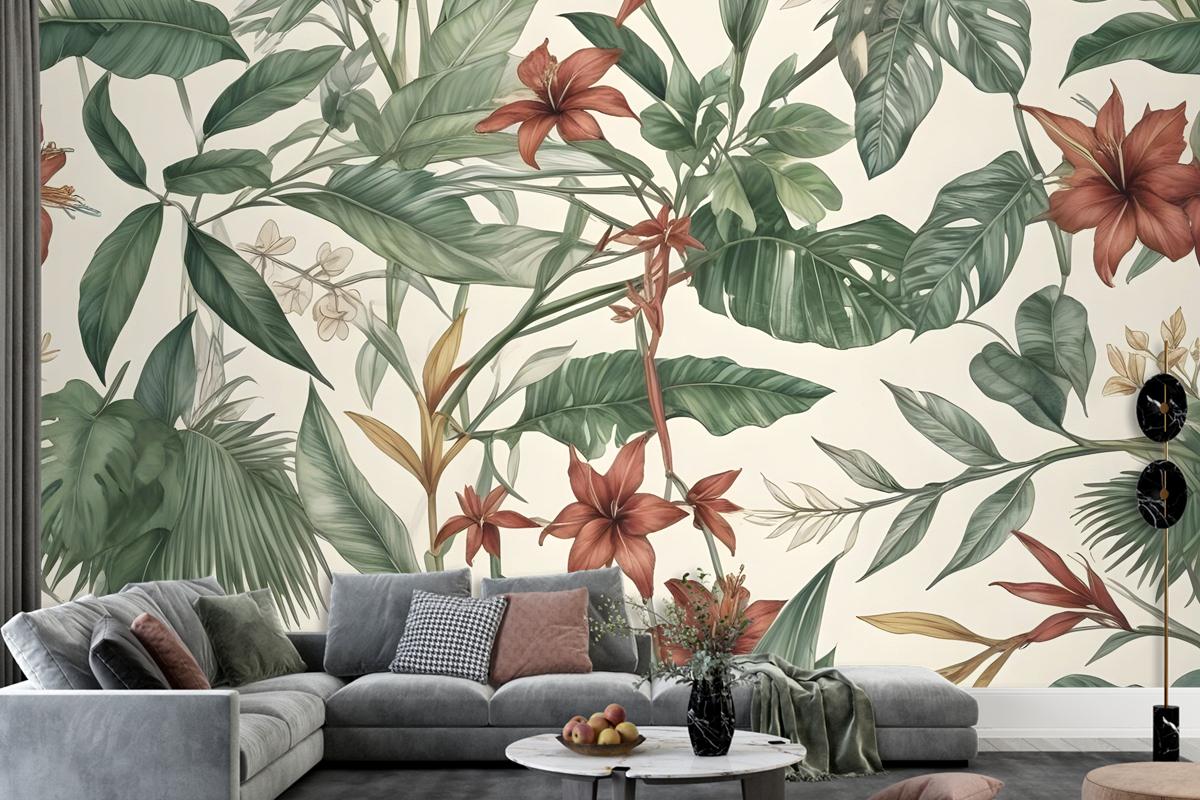 Watercolor Green Tropical Leaves Wallpaper Mural