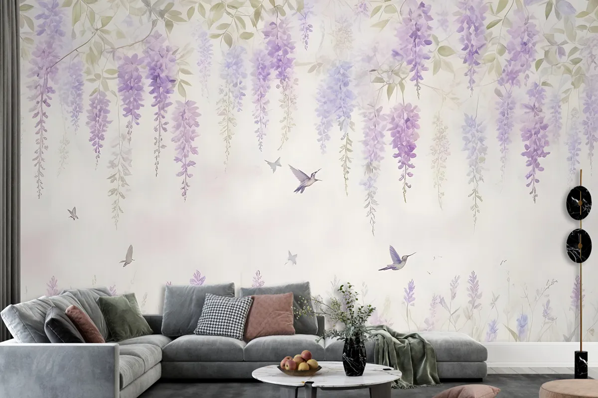 Watercolor Hanging Wisteria Flowers With Hummingbirds Wallpaper Mural