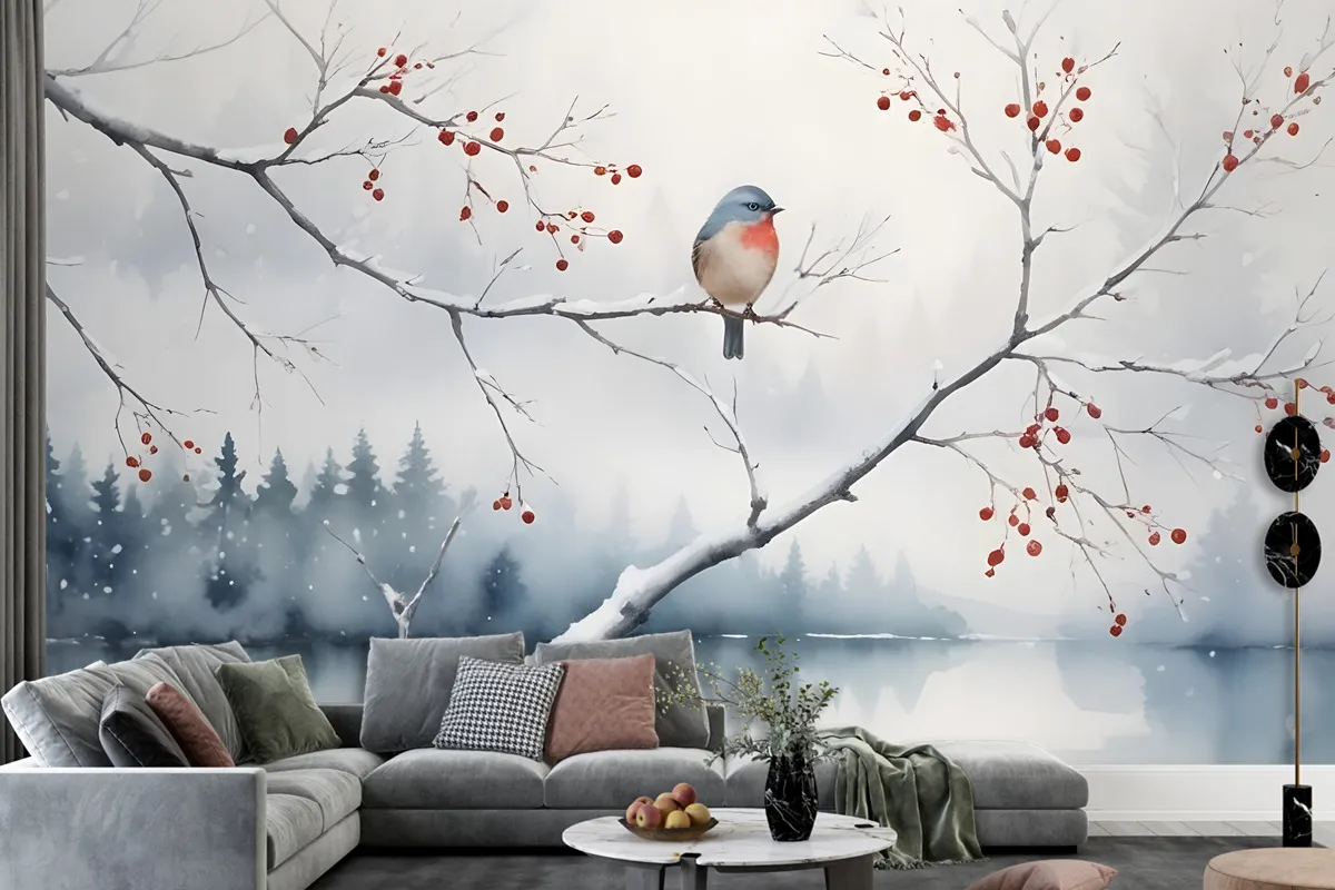 Watercolor Lake Landscape With Birds Wallpaper Mural